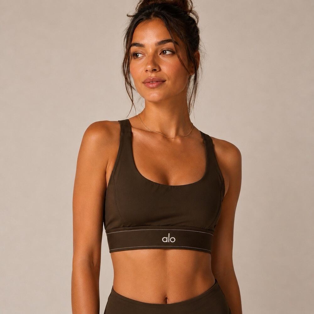 Alo Yoga Airlift Suit Up Bra Chocolate Brown Strappy Size S Sports